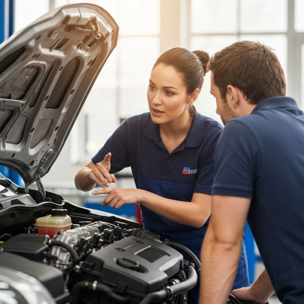 MOMS Mobile Oil Change technician answering customer questions