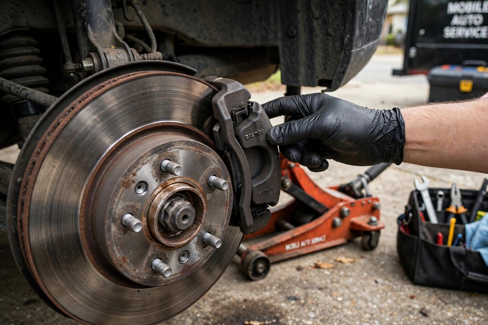 Technician inspecting vehicle brakes and tires during mobile service